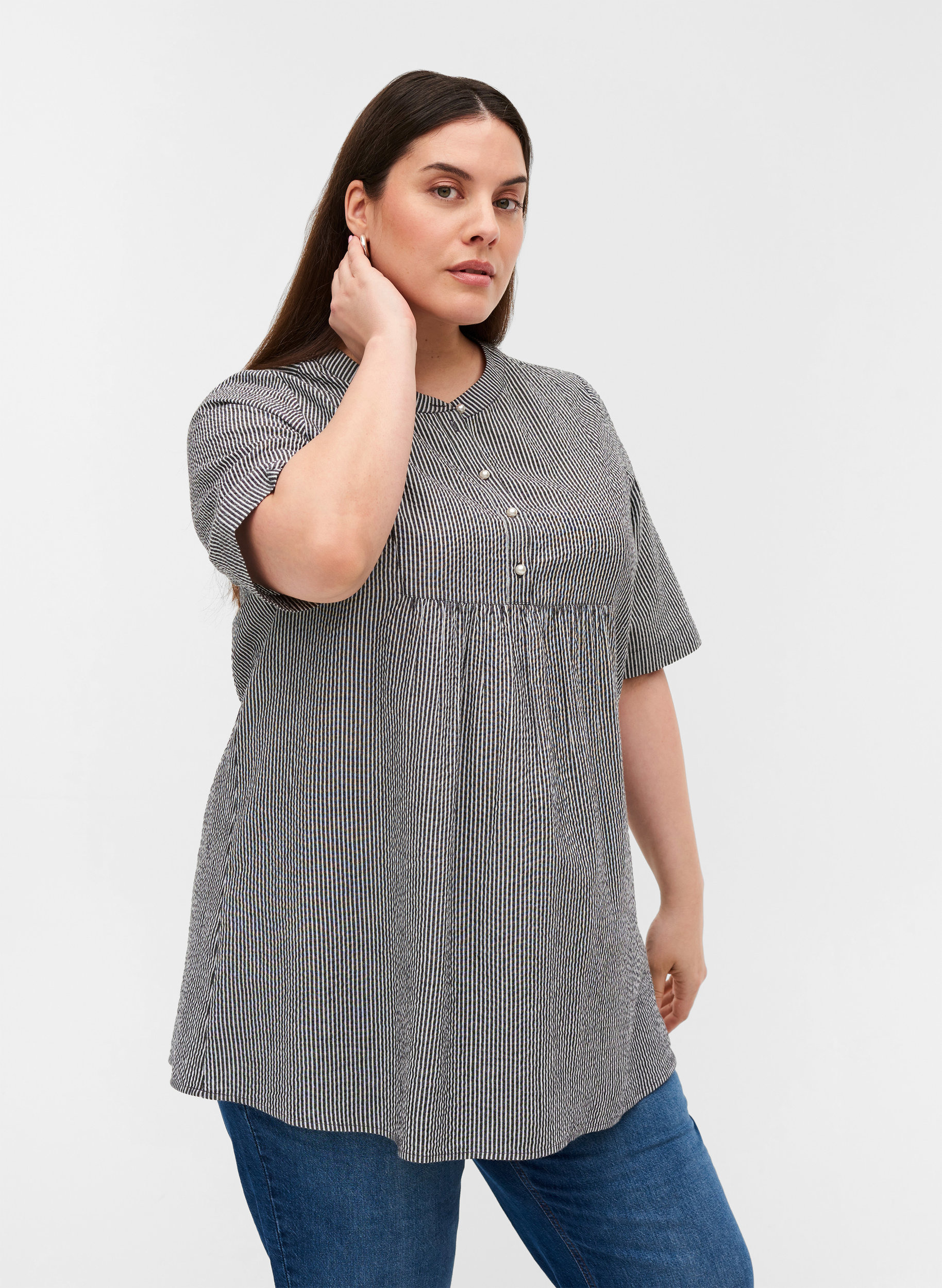 Cotton tunic with striped print - Black 