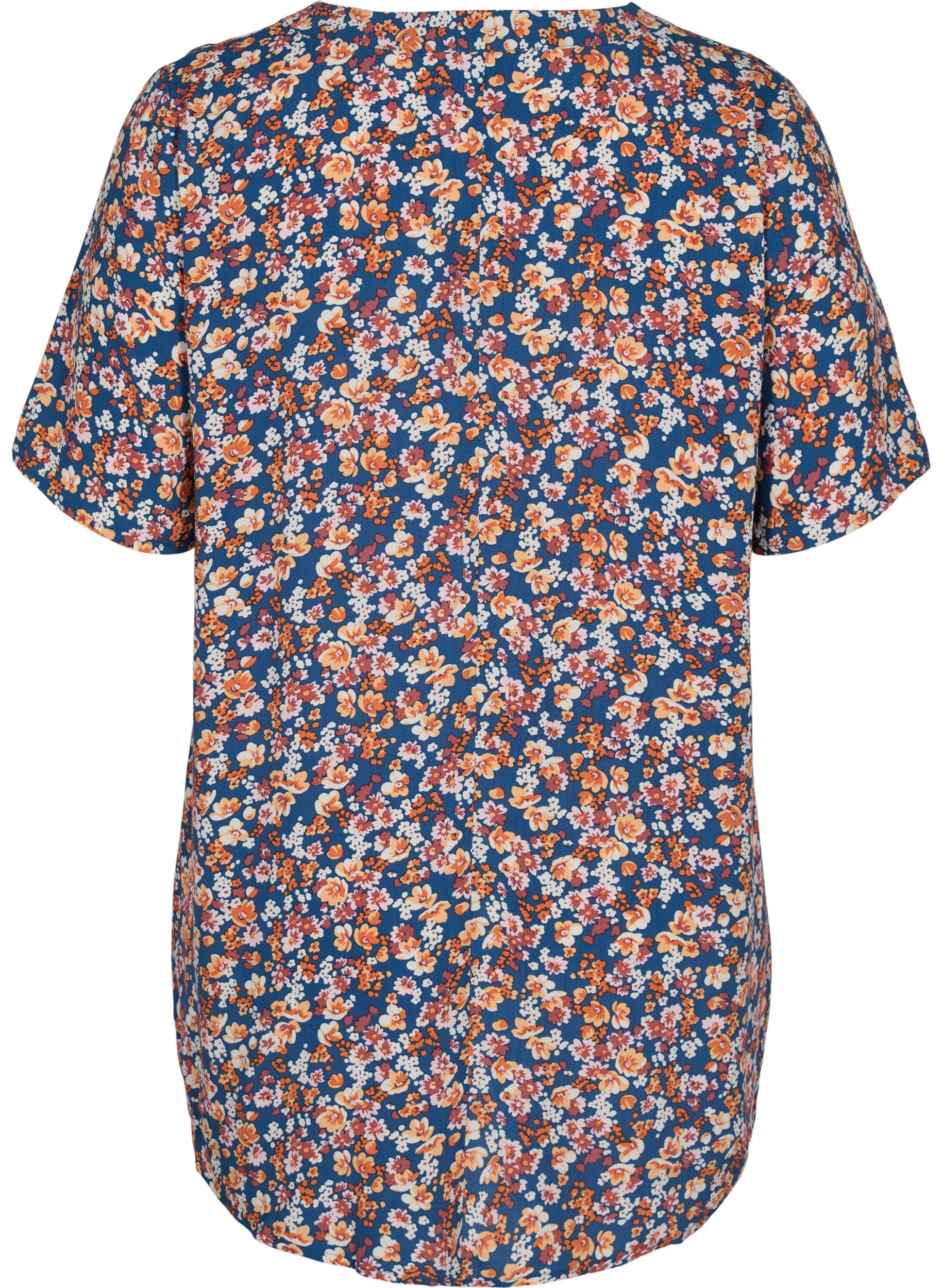Short-sleeved viscose blouse with a floral print, Amberglow Flowers , Packshot image number 1
