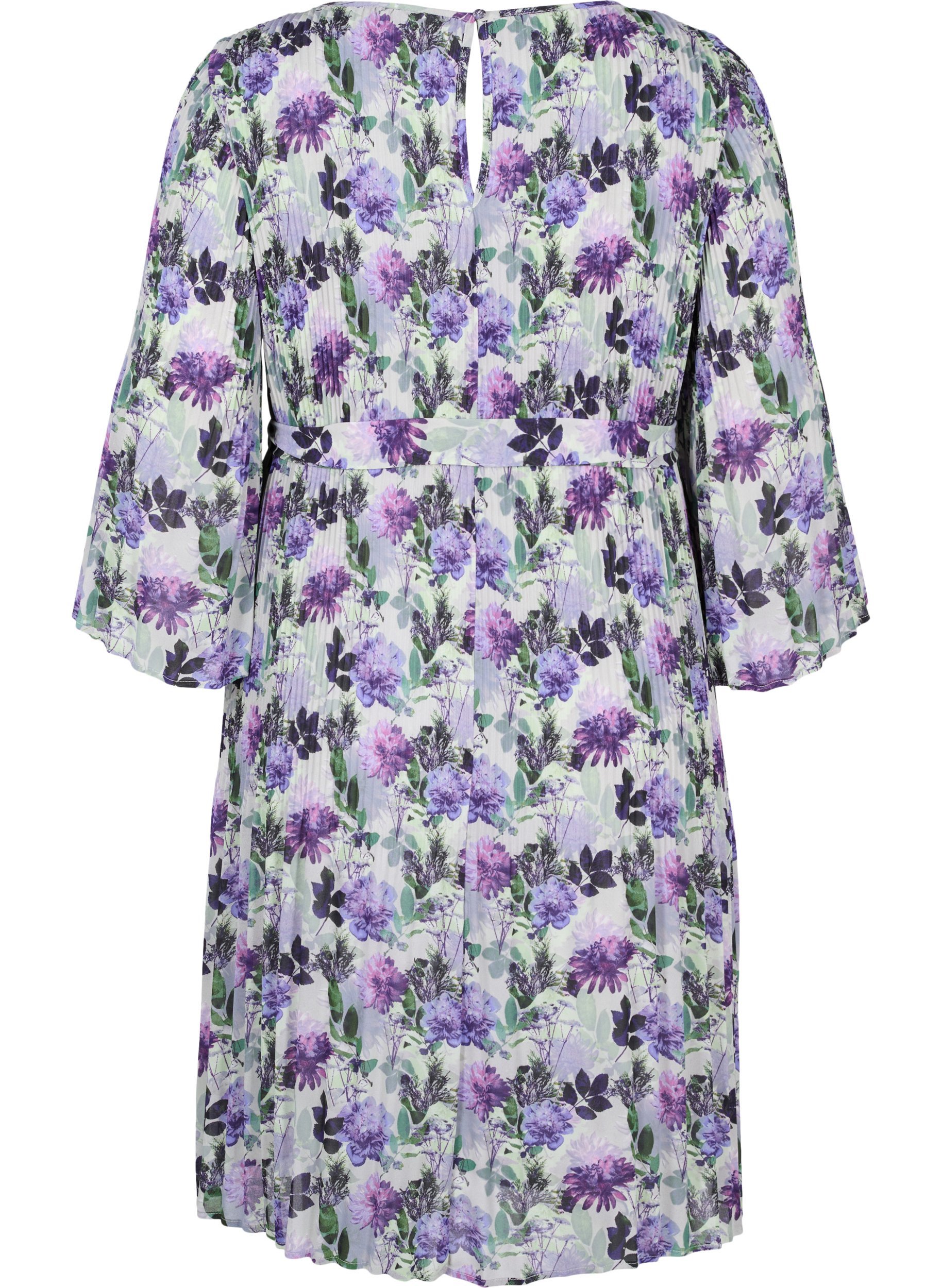 Printed pleated dress with tie string, Purple Flower Mix, Packshot image number 1
