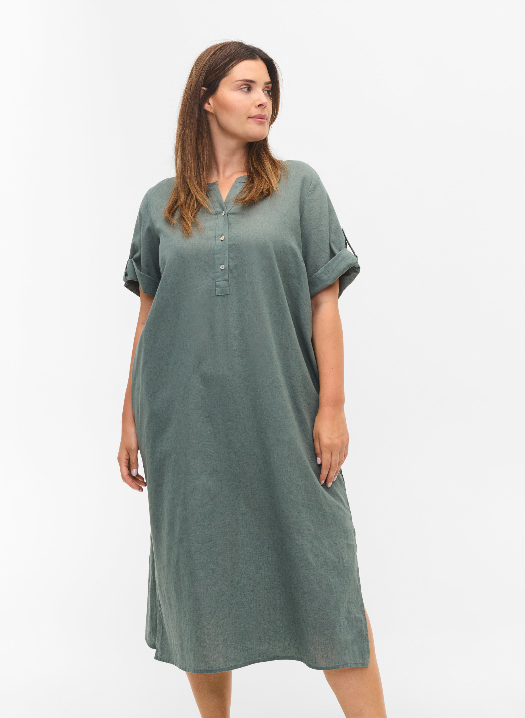 Long short-sleeved shirt dress, Balsam Green, Model image number 0