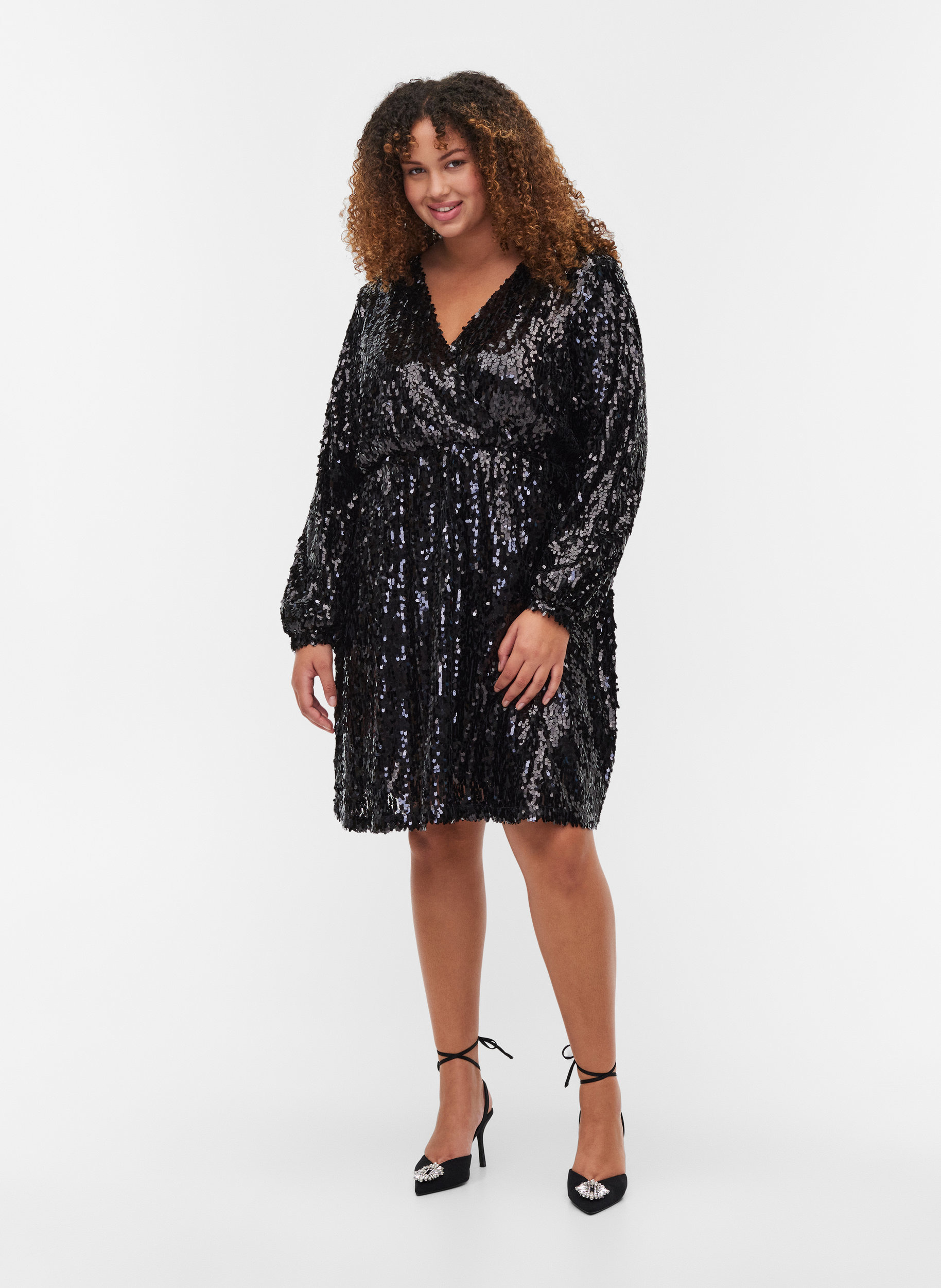 Long-sleeved sequin wrap dress with v 