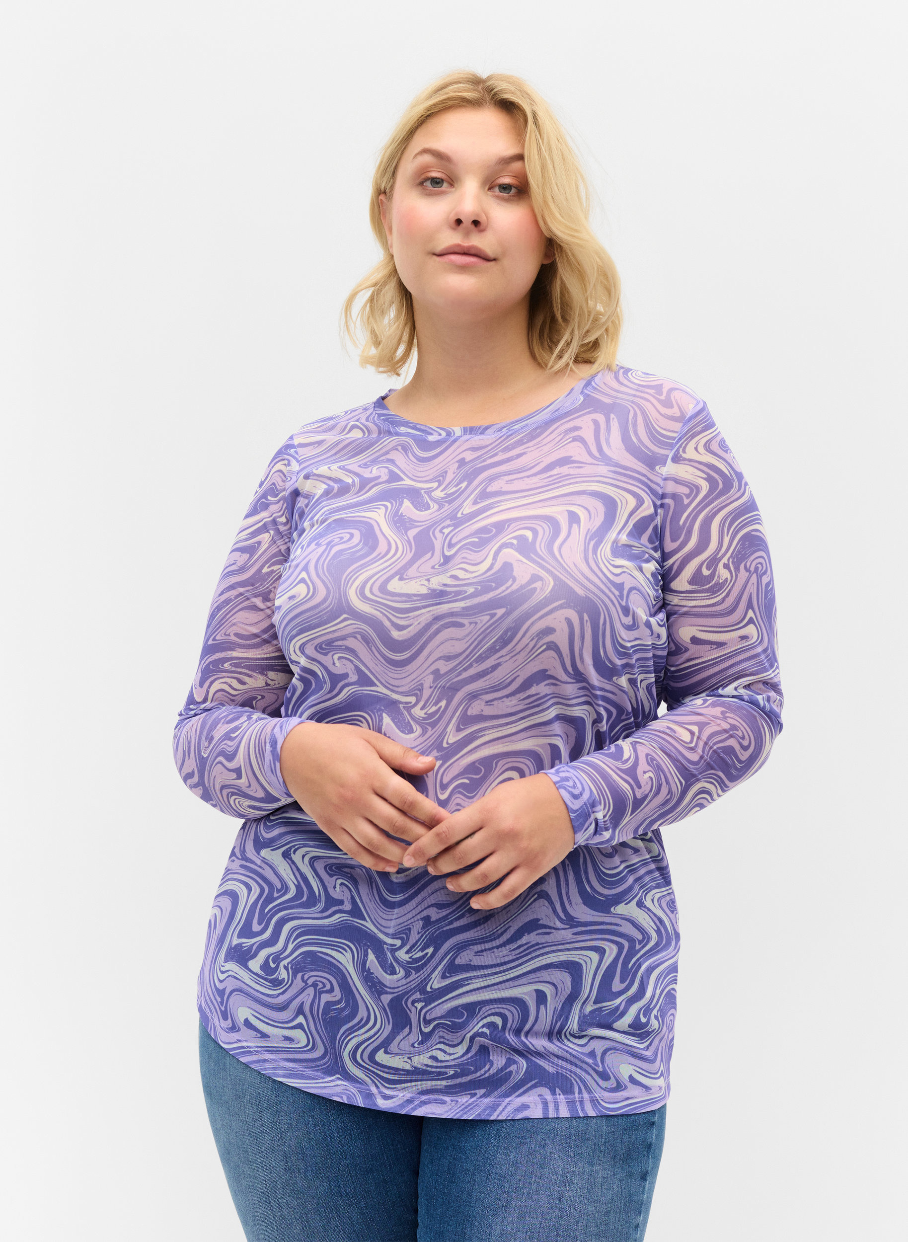 Printed mesh blouse, Lilac, Model image number 0