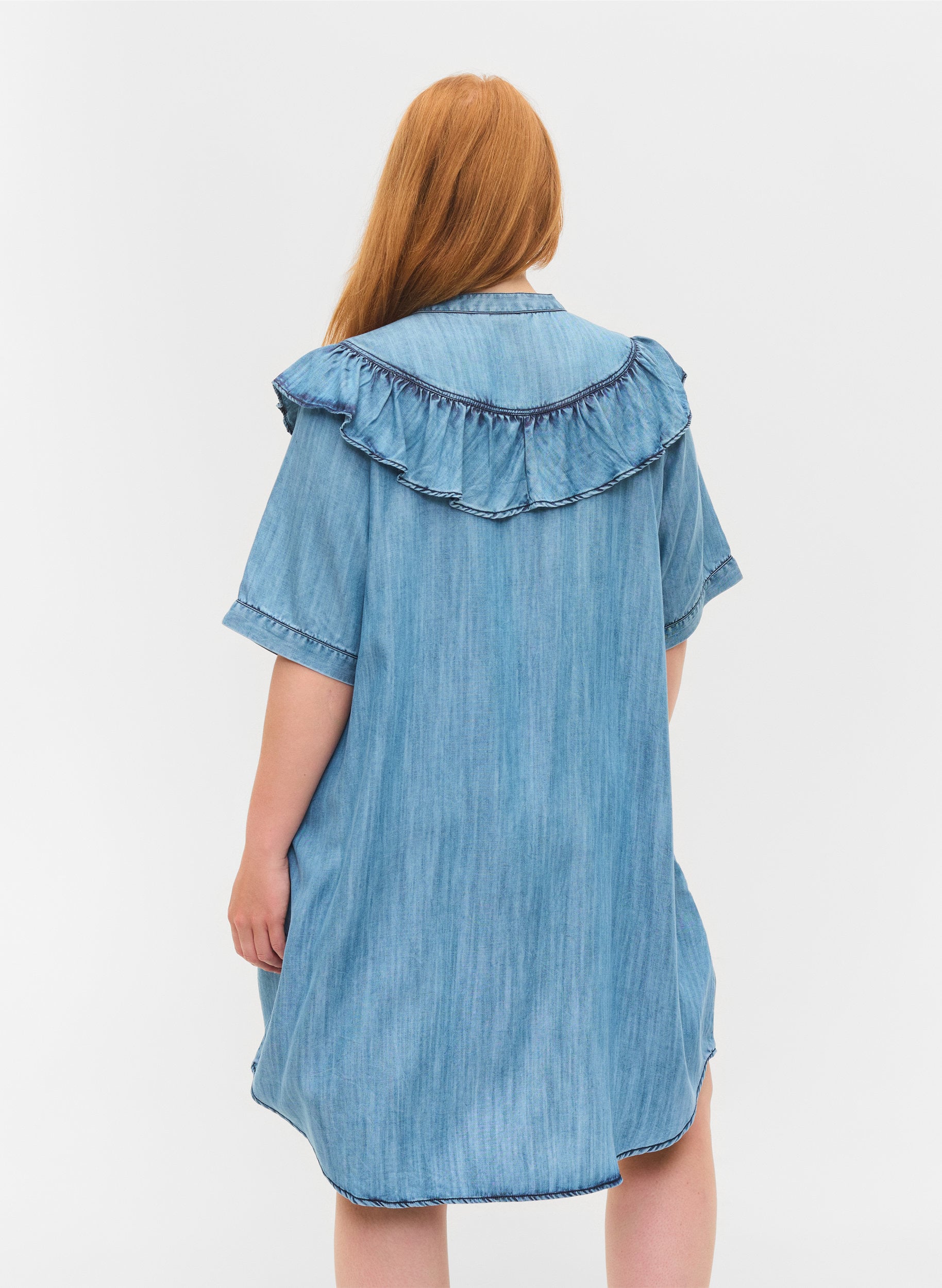 Short-sleeved ruffle denim dress - Blue 
