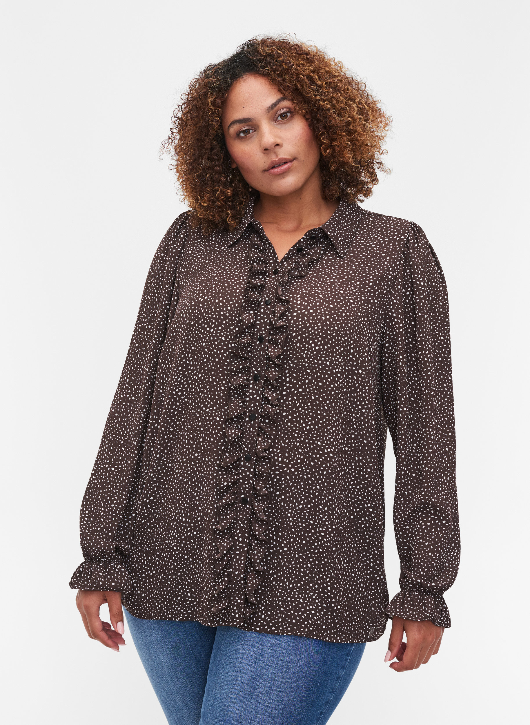Polka dotted ruffle shirt - Brown - Sz 