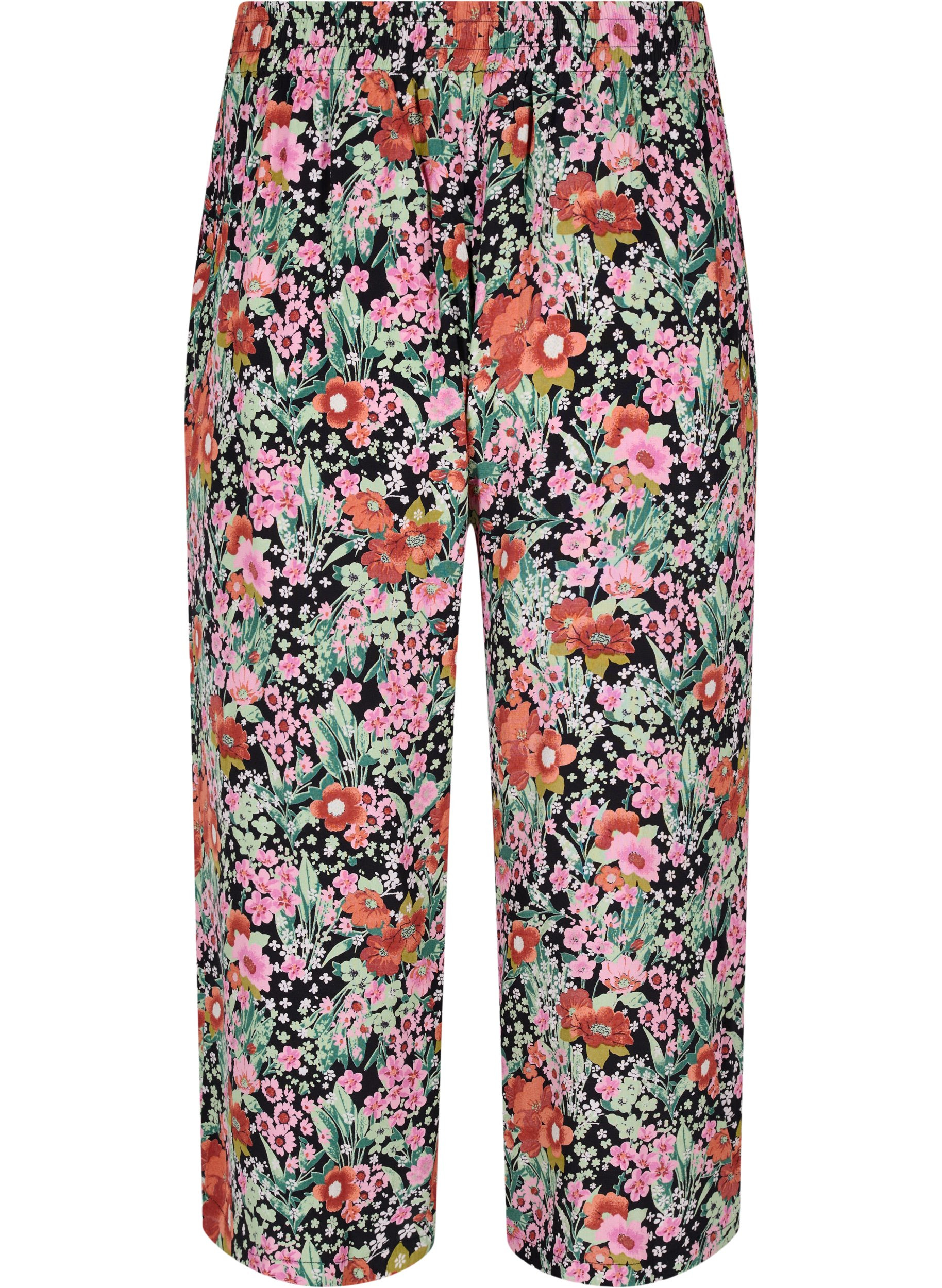 Floral culotte trousers with pockets, Green Flower AOP, Packshot image number 1