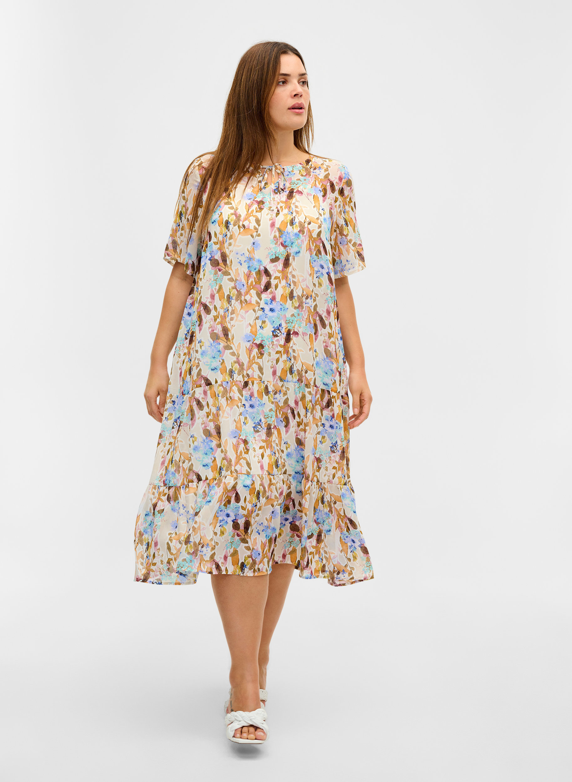Short-sleeved floral midi dress, Humus Flower AOP, Model image number 2