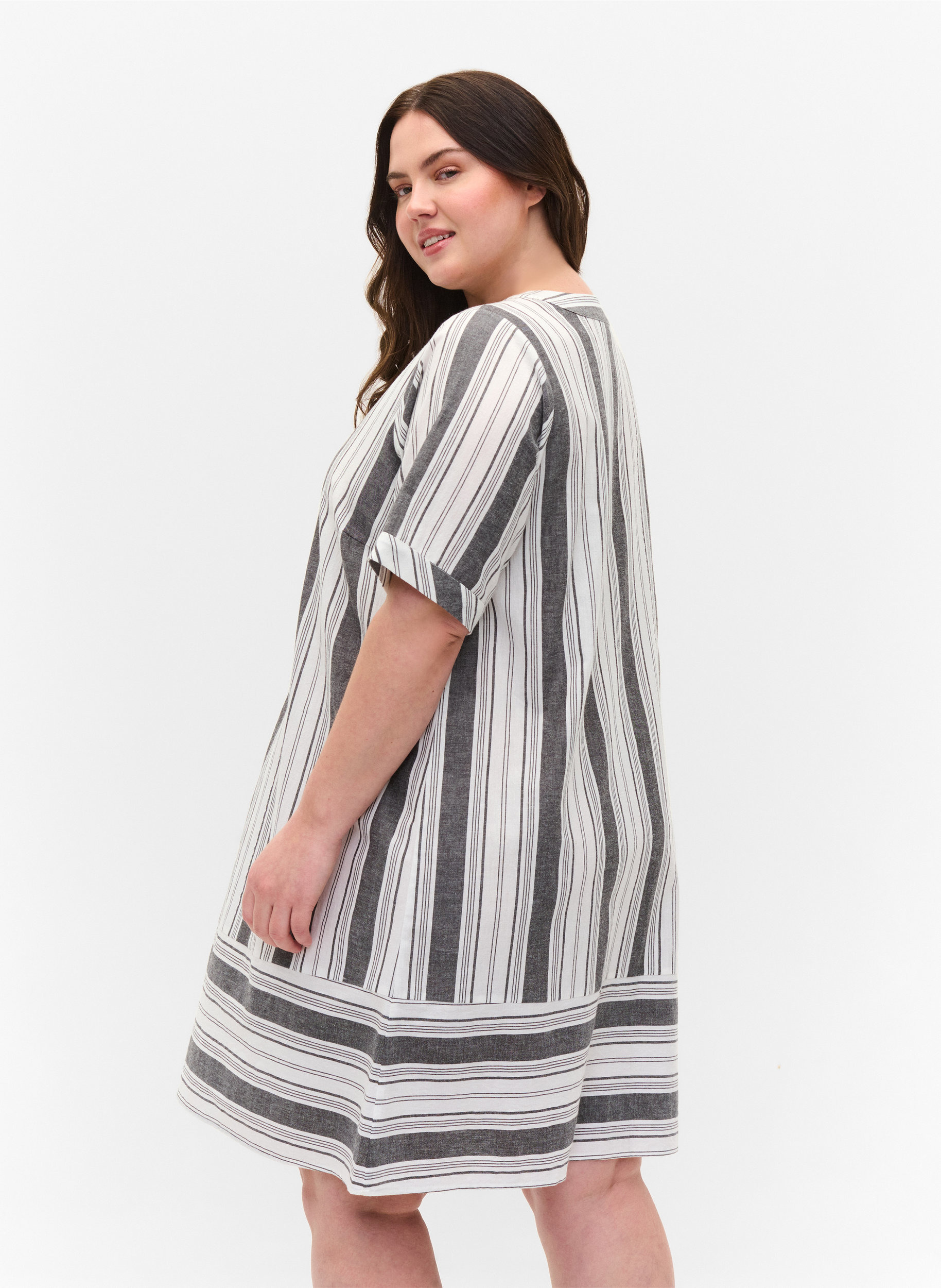 Striped cotton dress with short sleeves, Black Stripe, Model image number 1