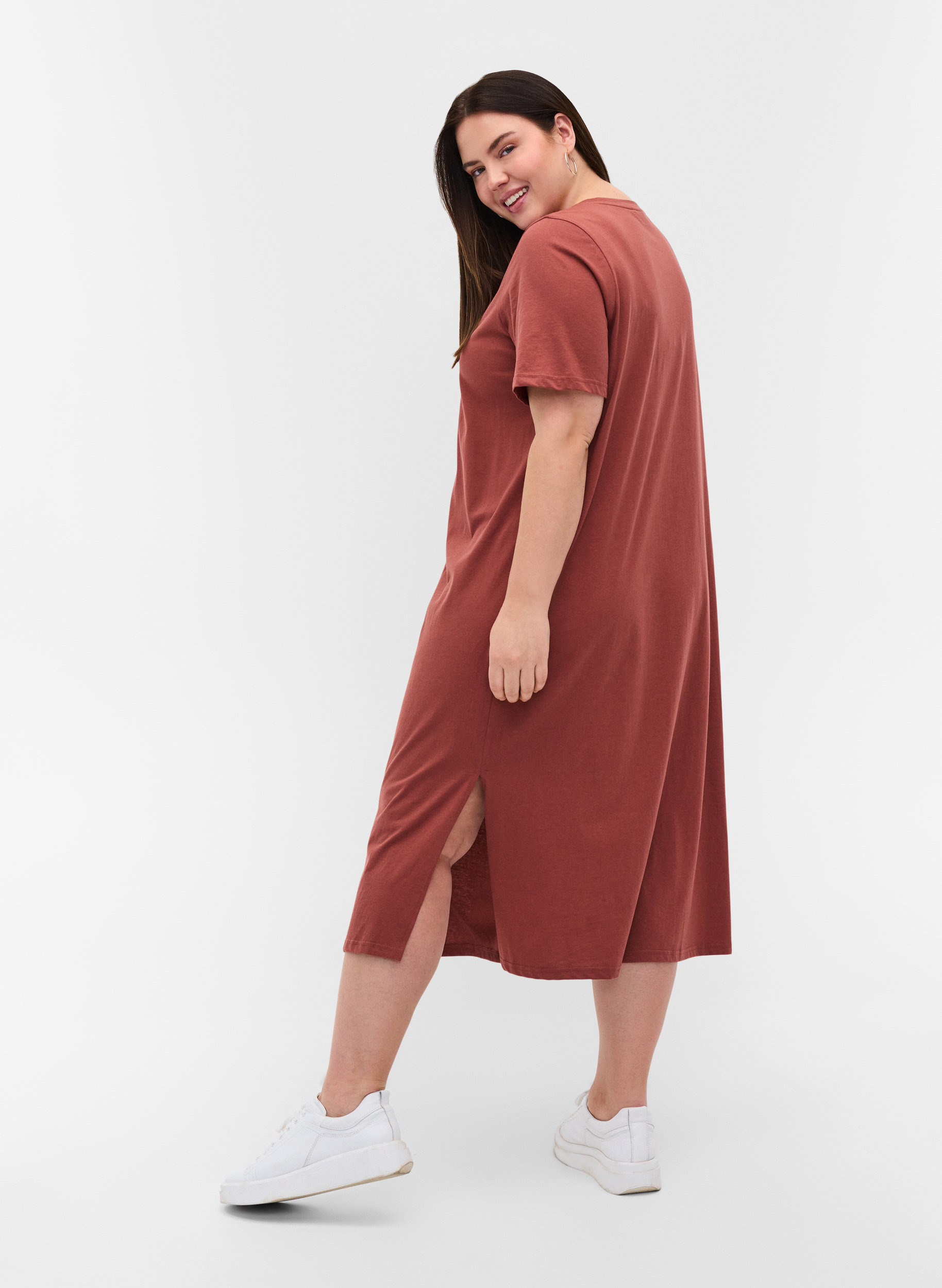 Cotton t-shirt dress with side slits ...