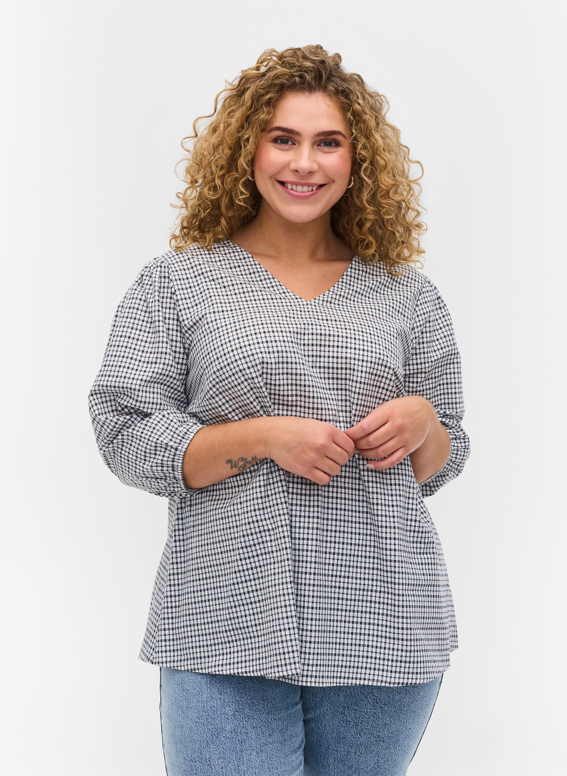 Checkered cotton blouse with 3/4-length 